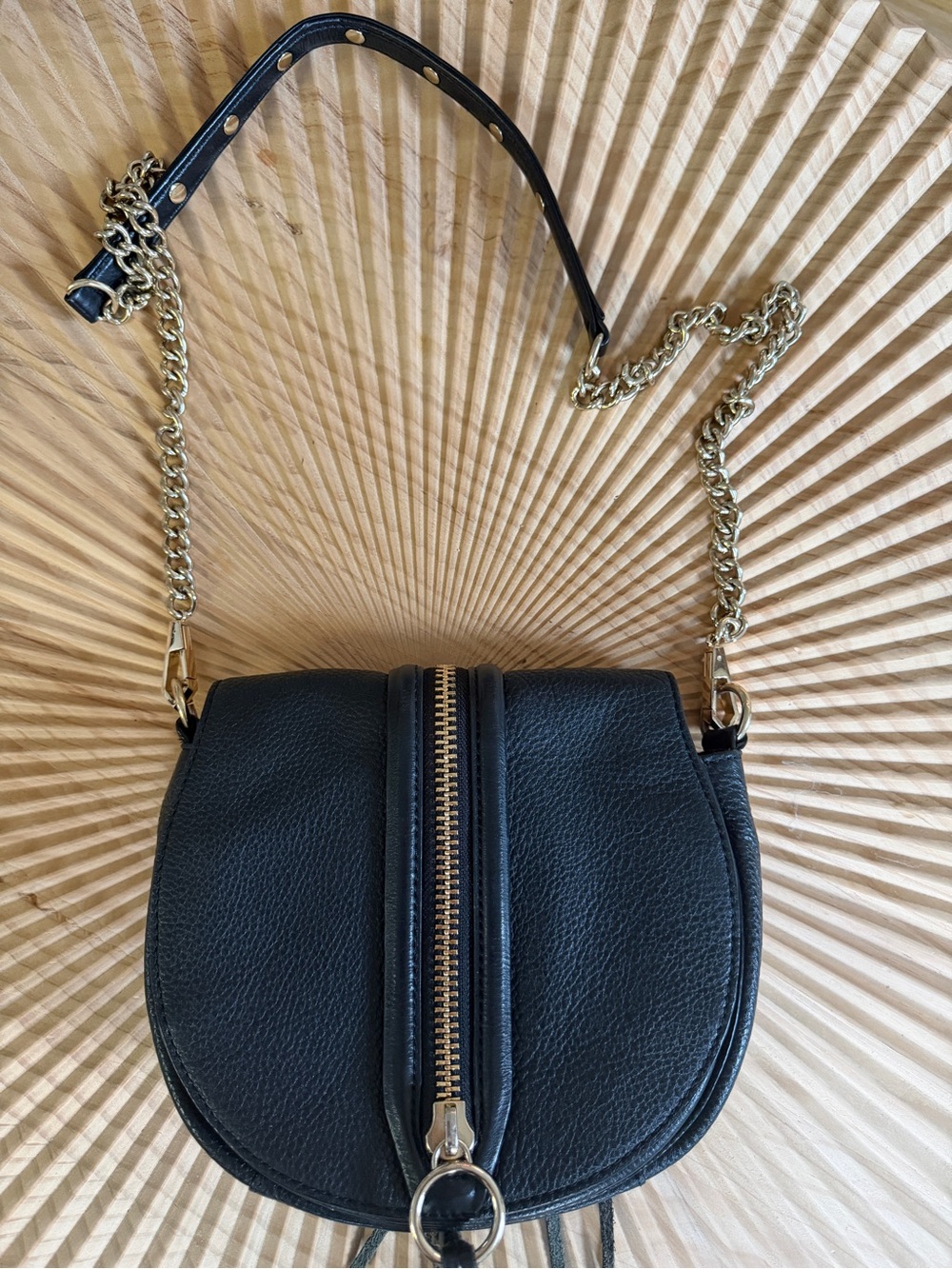 Black Leather Rebecca Minkoff Crossbody Saddle Bag with Gold Chain